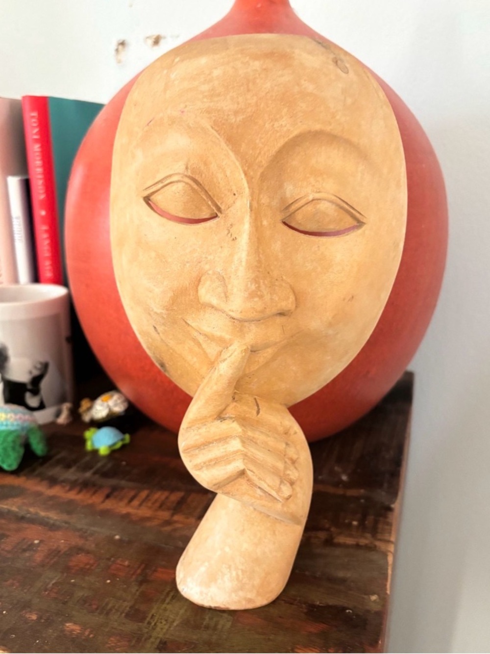 Mask Wood Carving "Speak No Evil" Wall Art Handmade